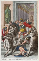 Phineus und Freunde in Stein verwandelt, Buch V, Illustration aus Ovids Metamorphosen, Florenz, 1832 (handkolorierter Stich)